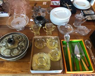 Eric Norstad studio pottery casserole, yellow Indiana Glass “Lorain" creamer & sugar + cups/saucers, Bakelite handle utensils including Chase salad servers