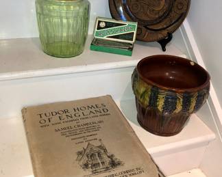 Green pillar optic pretzel jar, Rolls Razor in box, Mexican plate, Brush McCoy Nuglaze jardiniere (chipped), 1929 “Tudor Homes of England” book