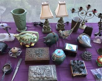 McCoy green vase, Laguna Beach acorn teapot, vintage metal boxes, pair of small lamps (Asian boy & girl reading), pewter peach-shaped box, Dansk iron candleholder