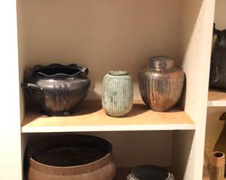 Brass & pewter candlesticks, metal vases, crocks