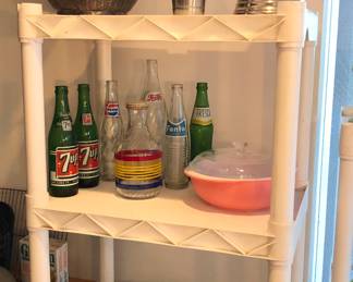 Vintage soda bottles, pink Pyrex casserole, casseroles & baking dishes by Emile Henry & Apilco