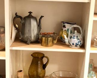 Kerosene lamp, teapots & pitchers, antique sad irons