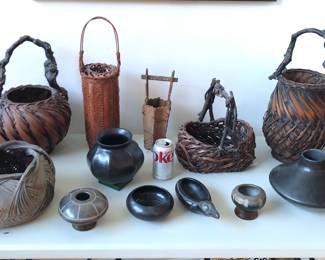Japanese ikebana baskets (some antique), Native American black pottery