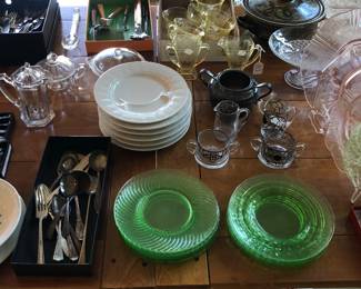 Pink & green Depression glass, Pillivuyt divided plates (France)