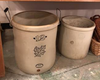 12 gallon Western Stoneware crock, 8 gallon Pacific Stoneware crock (cracked)