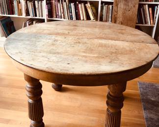 Antique 45” diameter round table with carved oak legs - with 2 leaves (not shown)