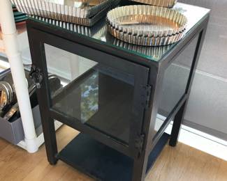 Metal cabinet with hinged glass door (15” square, 24” tall) + tart pans