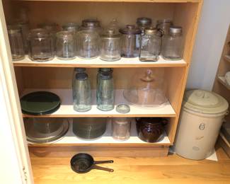 More jars & glass canisters with lids, Red Wing 6 gallon crock w/ lid, bean pot