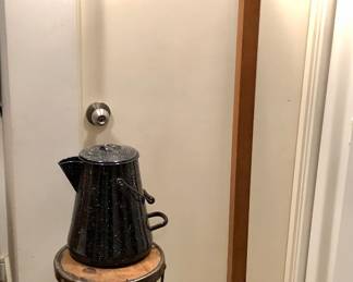 Old ice cream stool, Vollrath USN enamel coffee pot, oak coat rack (68” tall)