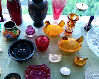 Ruby glass cocktail shaker, Japanese black Tokanabe vase, Gouda style vase, small purple art glass vase by Kevin M. Regan, covered chicken dishes