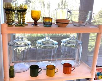 Green German wine glasses, glass batter bowl, 12” glass canisters, enamel cups