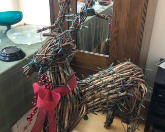 One of a pair of twig reindeer with lights (30”L, 52” to top of antlers) 