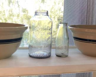 Roseville Ohio 8 qt. mixing bowls, Horlick’s malted milk jar, Calgary milk bottle