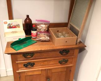 Antique washstand (32”W, 19”D, 29” to surface, 48” to top of towel bar), glass washboard