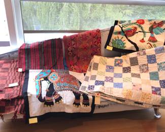 Batik panels, vintage quilt (68” x 90”)