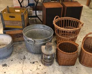 Galvanized tubs, vintage crates, old lantern, more baskets 