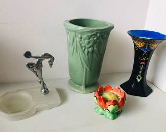 Art Deco pin dish, green McCoy leaves & berries vase, flower frog, Crown Ducal vase with butterfly/moth