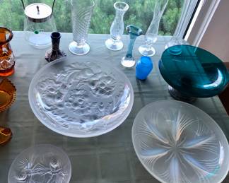 Verlys glass bowls, Art Deco glass biscuit jar, assorted vases