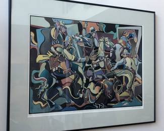 Signed offset lithograph of painting by George Gogas “Judith Basin Encounter: When Charlie & Pablo Had a Drink Together”, edition of 175, signed lower right, framed size 26.5” x 34”. 
