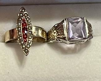 antique gold rings: seed pearl and rubies in 14k and amaethyst and white gold Edwardian style