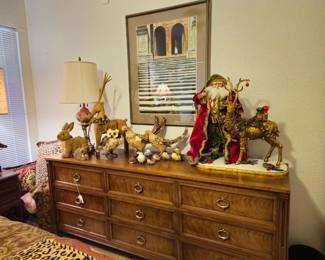 West Elm triple dresser, Mark Roberts Santa and deer. One deer leg cracked.