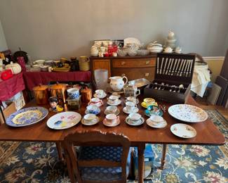 antique cherry drop leaf table (silver-plate set is sold)