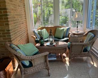 Wicker furniture, copper bucket
