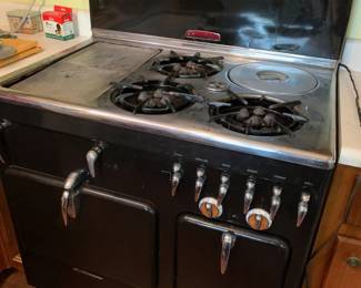 Vintage Chambers Black Gas Stove in Working Order with Two Different Back Plates--tall and short.