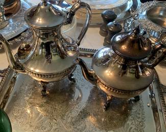 Silver Plate Serving Platters, Teapots