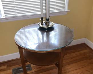 Vintage Metal French Bouillotte Lamp and Round Drum Table
