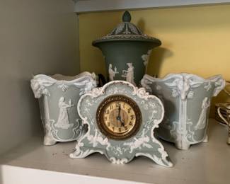 Vintage Green Jasperware Clock, Vases, Jar with Lid