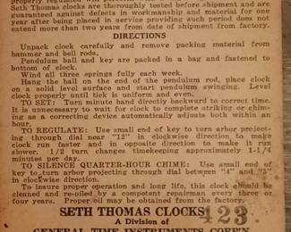 Seth Thomas Clock Information that goes to previous picture. 