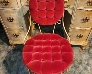Vintage Scrolled Wrought Iron Vanity Chair Parlor Seat with a Red Velvet Seat