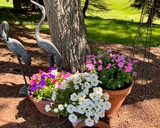 We have a Great Selection of Beautiful Potted Flowers, Shepherd Hooks, Bird Bath and Planters.