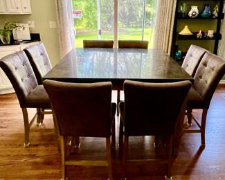Marble Top Counter Height 54" Square Dining Table and 8 Counter Height Upholstered Stools