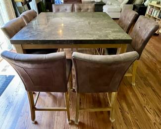Marble Top Counter Height 54" Square Dining Table and 8 Counter Height Upholstered Stools