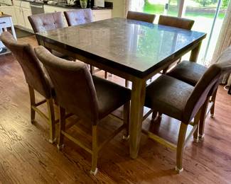 Marble Top Counter Height 54" Square Dining Table and 8 Counter Height Upholstered Stools