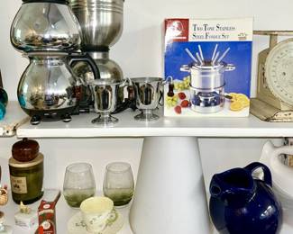 Vintage coffee pots, new fondue set in box, Belleek cup and saucer, cobalt Hall ball pitcher 