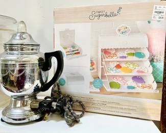 Electric coffee pot, sugar belle cookie display NIB