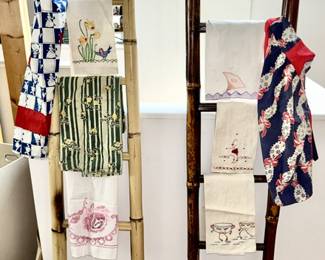 Modern display ladders, vintage linens