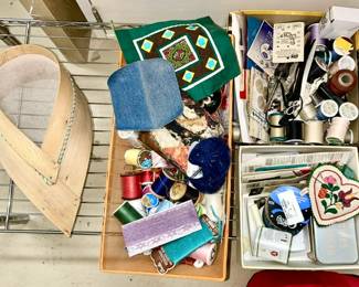 Wooden collar form, misc. sewing supplies, thread