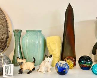 Art pottery vases, etc, porcelain cat figures, glass paperweights, etc.