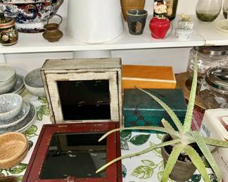 Modern wooden boxes, misc. porcelain & glass, etc.