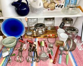 Vinte Utensils, new storage jars, Hall cobalt blue, misc. glass and pottery items