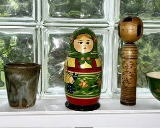 Art pottery, Russian nesting dolls, vintage Japanese Kokeshi doll