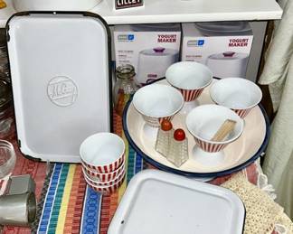 Enamel cover, red striped candy & ice cream bowls, covered enamel refrigerator bin/pan