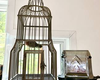 Metal bird cage, vintage toaster