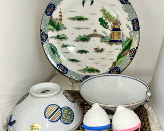 Oriental porcelain collectibles, wooden dolls