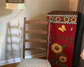 Hendrix bird cage, rocking chair with woven seat, hand painted cabinet