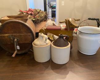 Butter churn, ride on dog toy, jugs, enamelware bucket